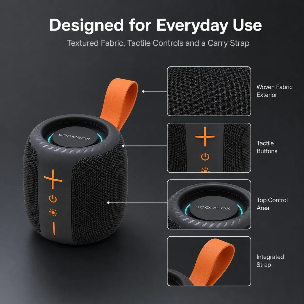 BEEVVOS AC75 wireless speaker detail view showing fabric mesh, control buttons, top panel and orange carry strap.