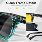 Close-up view of BEEVVOS eyewear frames, hinges, temples and photochromic, yellow and gray lenses