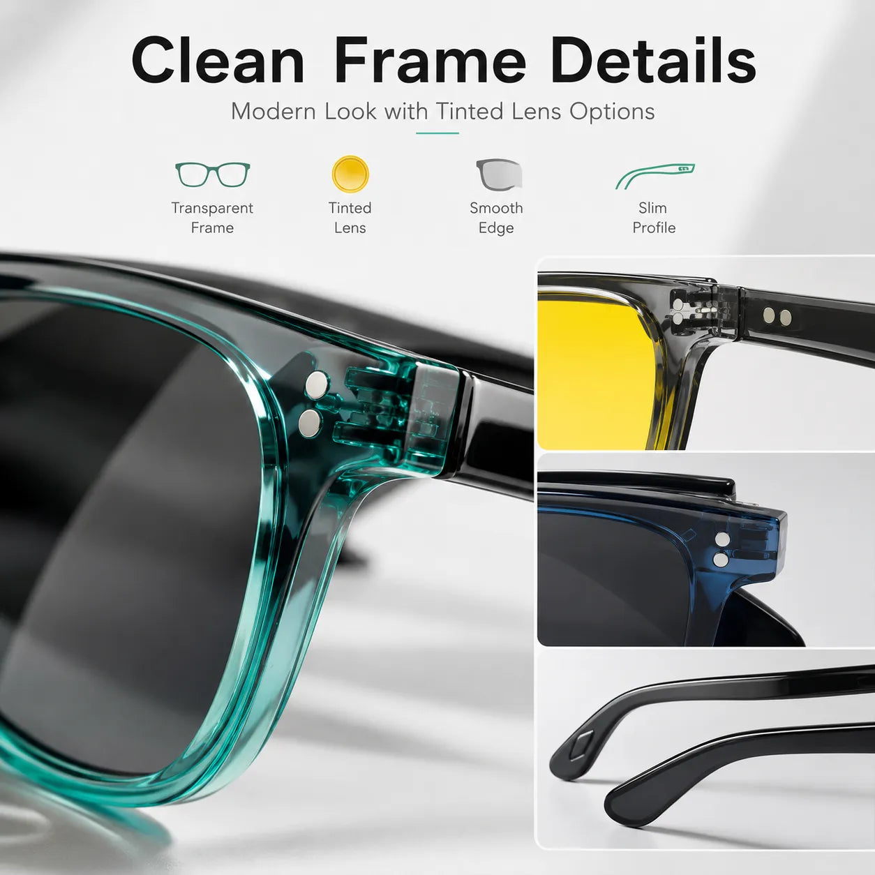 Close-up view of BEEVVOS eyewear frames, hinges, temples and photochromic, yellow and gray lenses