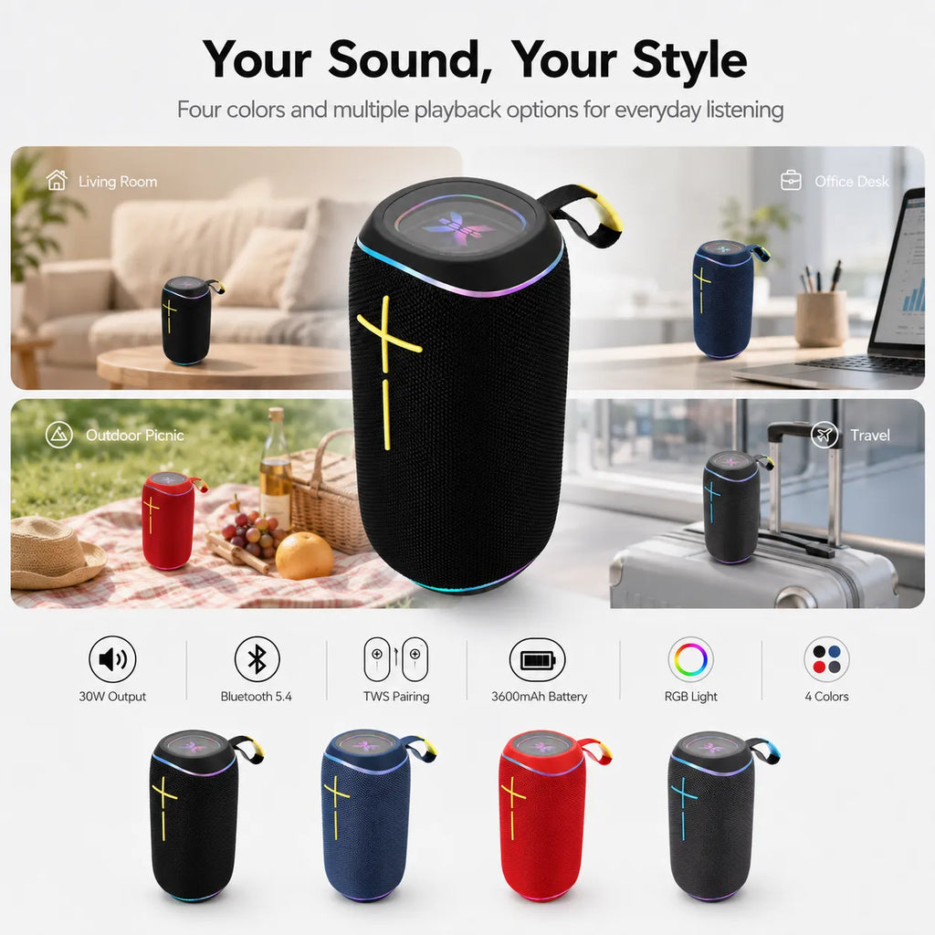 BEEVVOS P36PRO portable Bluetooth speaker color range and features for home, travel, picnics and casual parties.