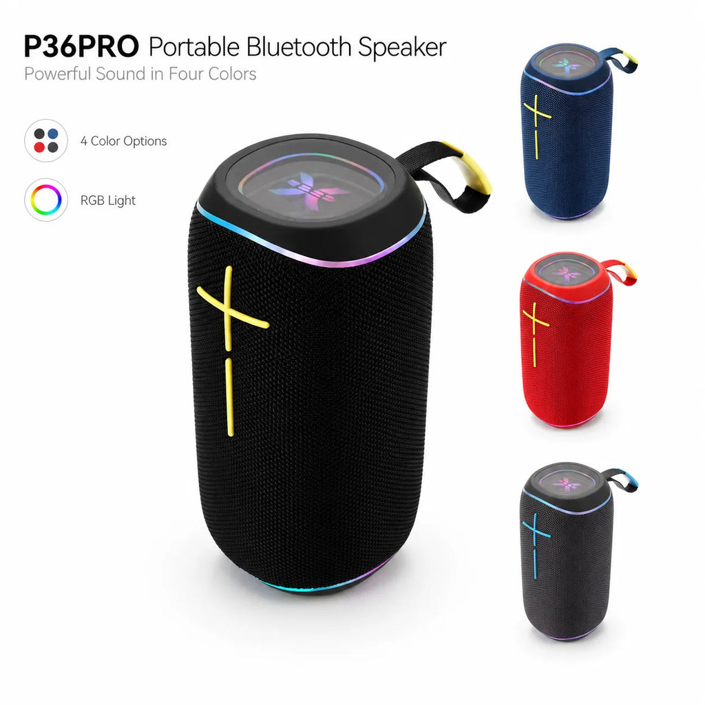 BEEVVOS P36PRO portable Bluetooth speaker shown in Black, Blue, Red and Gray with RGB lighting and carry strap.