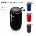 BEEVVOS P36PRO portable Bluetooth speaker shown in Black, Blue, Red and Gray with RGB lighting and carry strap.