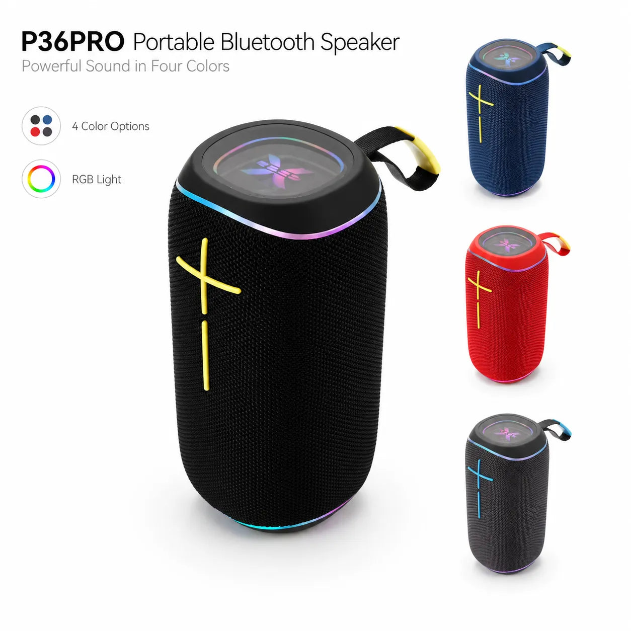 BEEVVOS P36PRO portable Bluetooth speaker shown in Black, Blue, Red and Gray with RGB lighting and carry strap.