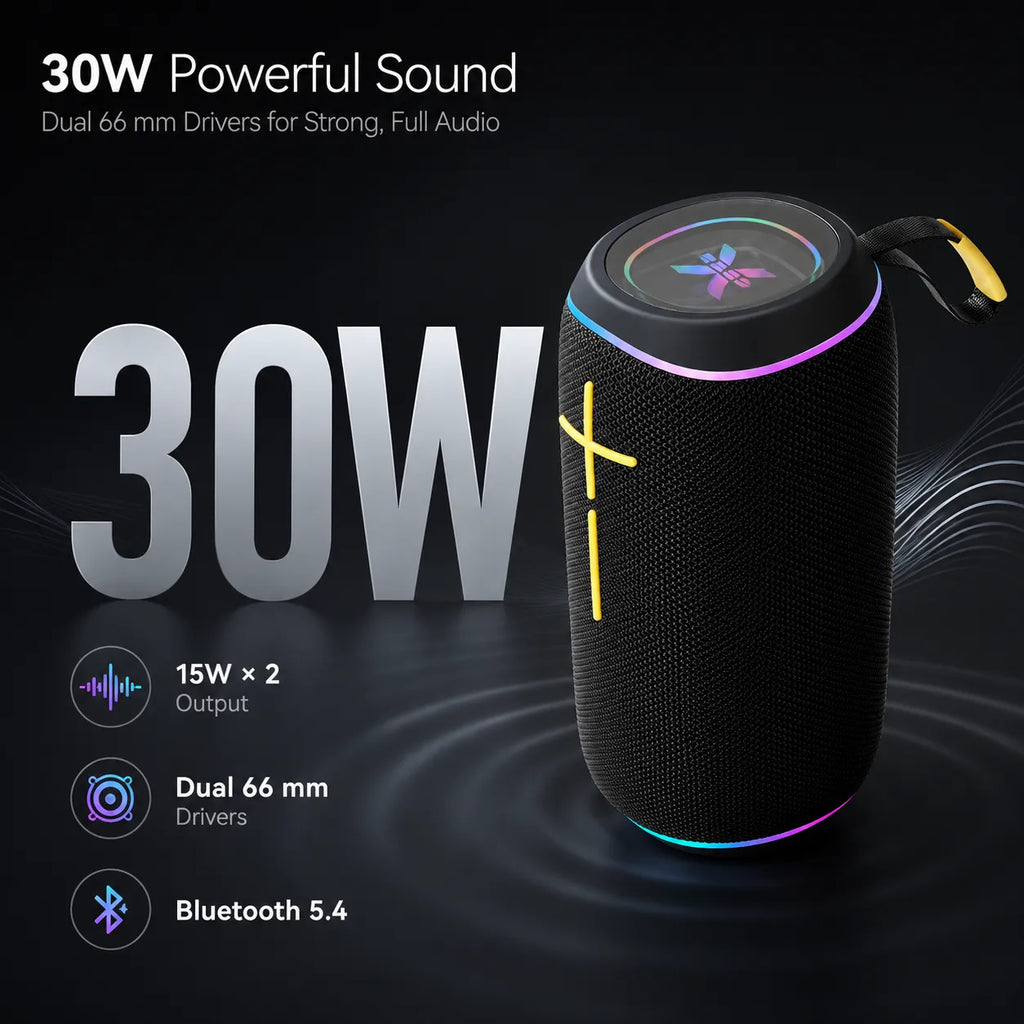 BEEVVOS P36PRO portable Bluetooth speaker highlighting 15W × 2 listed output and two 66 mm speaker drivers.
