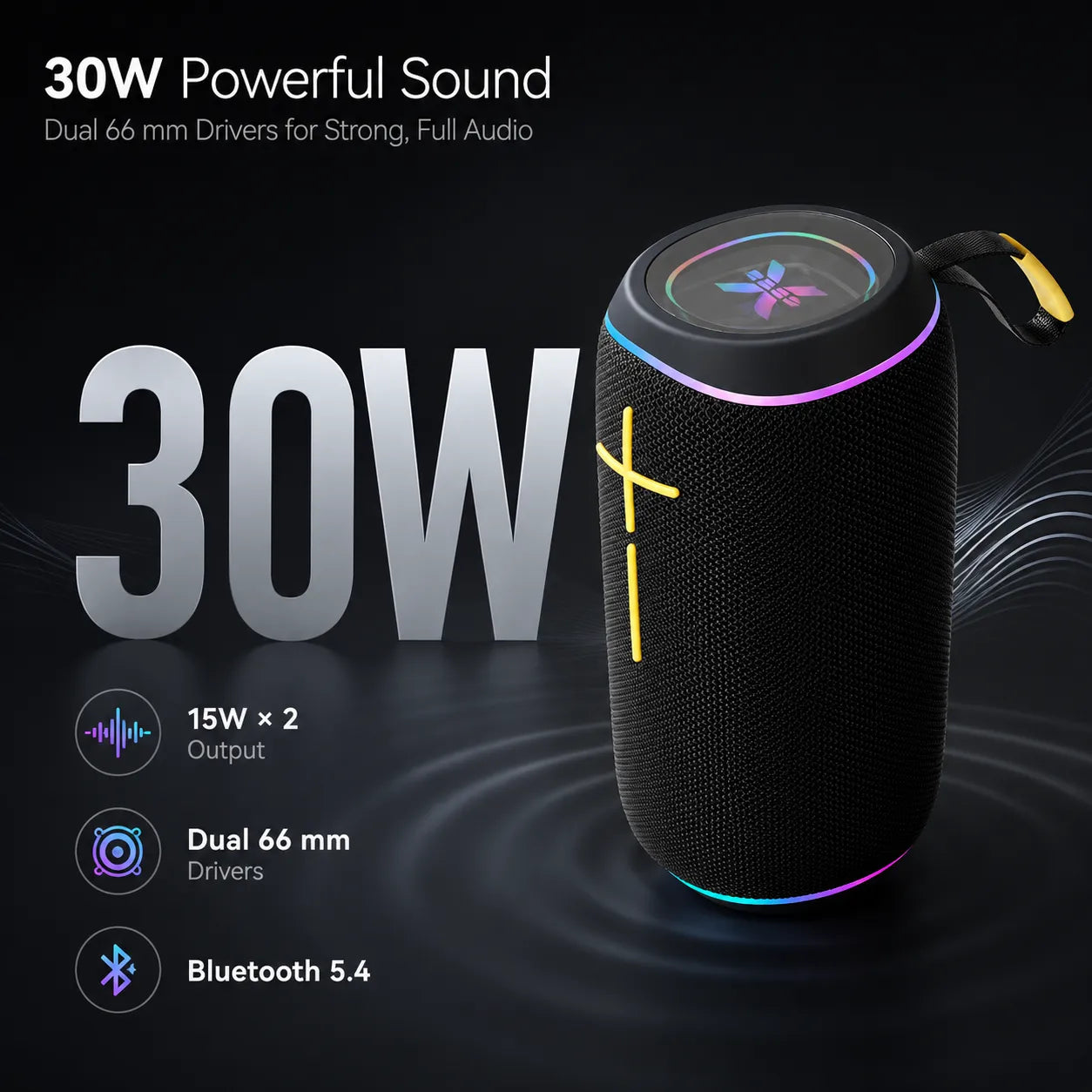 BEEVVOS P36PRO portable Bluetooth speaker highlighting 15W × 2 listed output and two 66 mm speaker drivers.