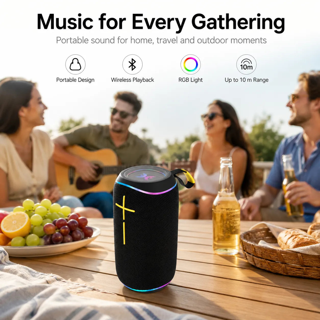 BEEVVOS P36PRO portable Bluetooth speaker displayed in a home and casual gathering setting for everyday music use.