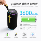 BEEVVOS P36PRO portable speaker size guide showing 22.5 cm height, carry strap and listed 3600mAh battery capacity.