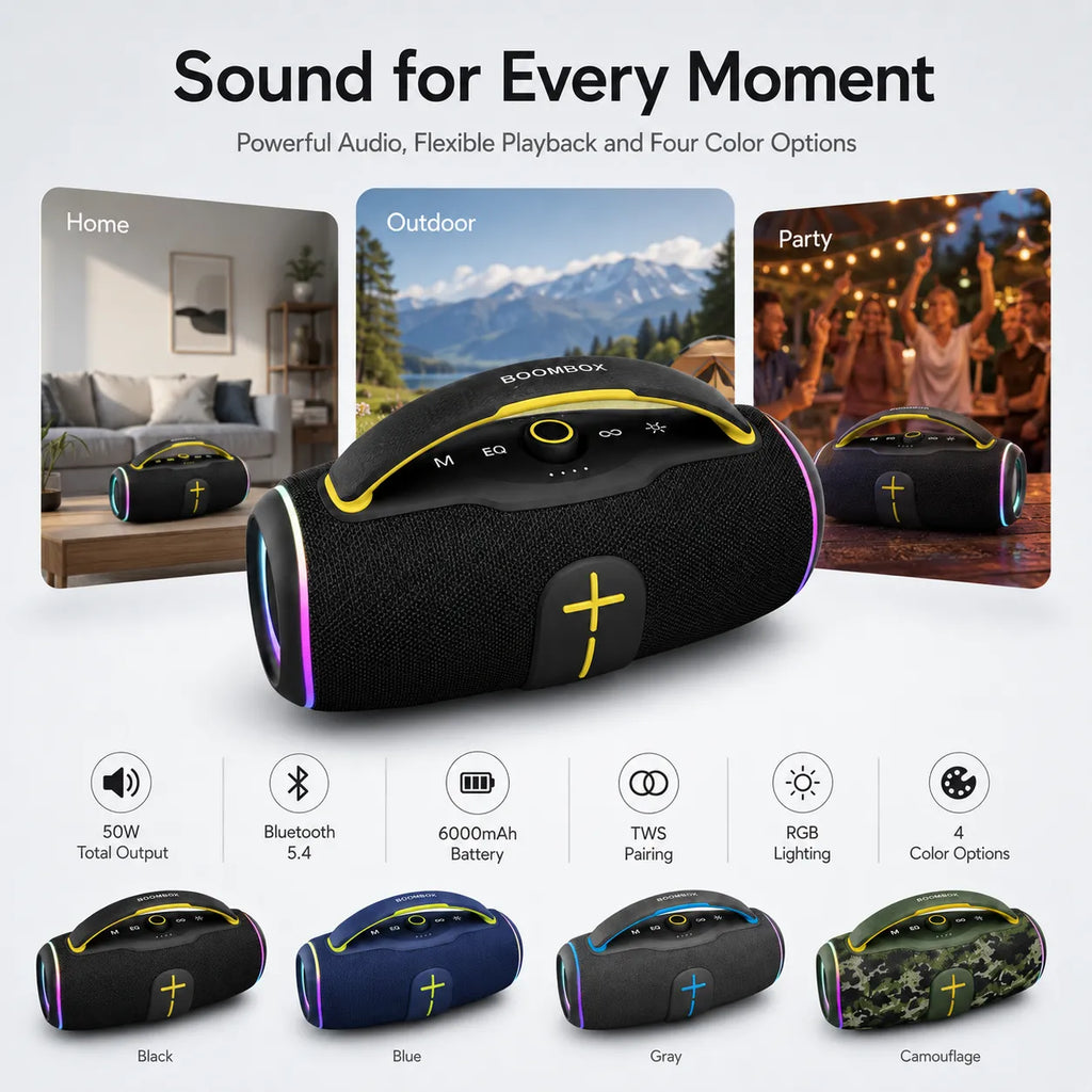 BEEVVOS P45 Pro portable wireless speaker in four colors with TWS, FM, AUX, TF card and Bluetooth 5.4 connectivity.