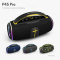 BEEVVOS P45 Pro portable Bluetooth speaker shown in black, blue, gray and camouflage with carry handle and RGB side lights.