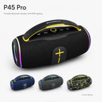 BEEVVOS P45 Pro portable Bluetooth speaker shown in black, blue, gray and camouflage with carry handle and RGB side lights.
