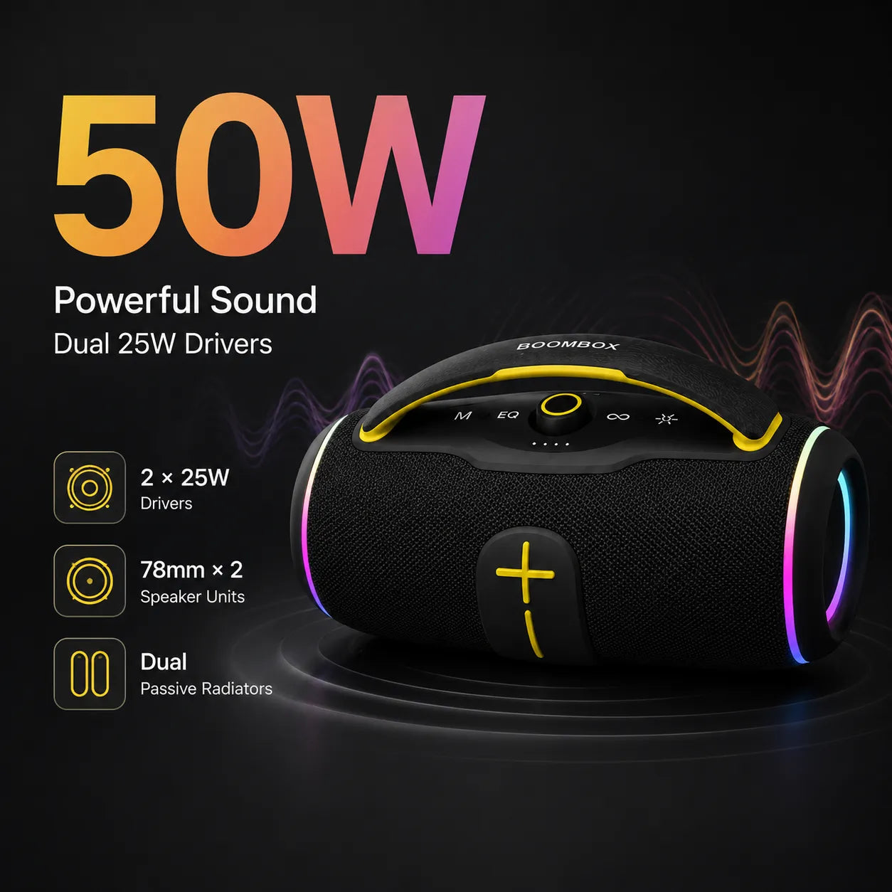 BEEVVOS P45 Pro portable Bluetooth speaker featuring 25W × 2 listed output and two 78 mm speaker drivers.