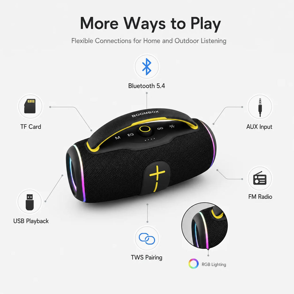 BEEVVOS P45 Pro Bluetooth speaker showing Bluetooth 5.4, TWS, FM radio, AUX, TF card and dual RGB lighting features.