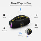 BEEVVOS P45 Pro Bluetooth speaker showing Bluetooth 5.4, TWS, FM radio, AUX, TF card and dual RGB lighting features.
