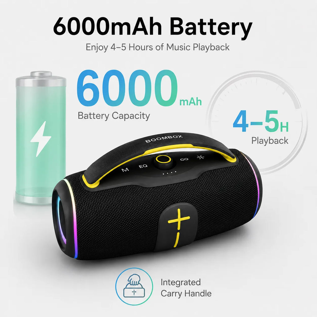 BEEVVOS P45 Pro portable speaker with 6000mAh battery, 29 × 13 × 18 cm dimensions and integrated carry handle.
