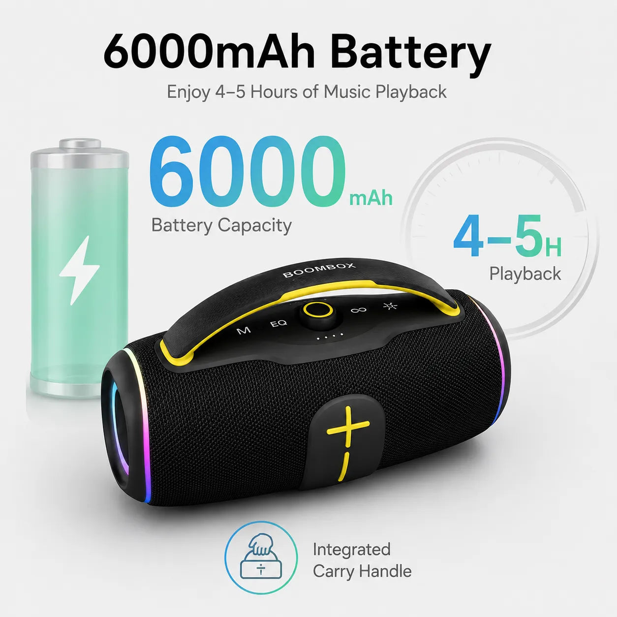 BEEVVOS P45 Pro portable speaker with 6000mAh battery, 29 × 13 × 18 cm dimensions and integrated carry handle.