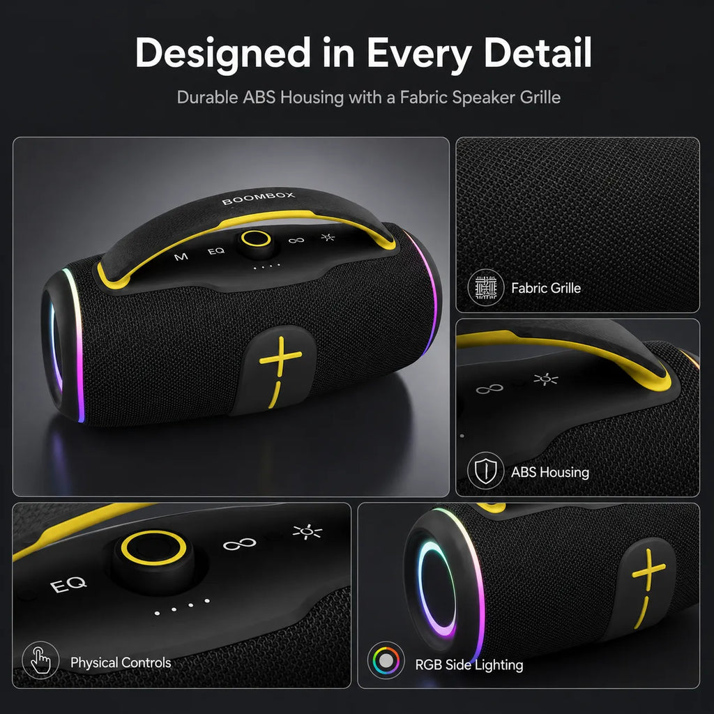 BEEVVOS P45 Pro Bluetooth speaker close-up showing ABS plastic housing, fabric mesh, control knob and RGB lighting details.