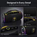 BEEVVOS P45 Pro Bluetooth speaker close-up showing ABS plastic housing, fabric mesh, control knob and RGB lighting details.