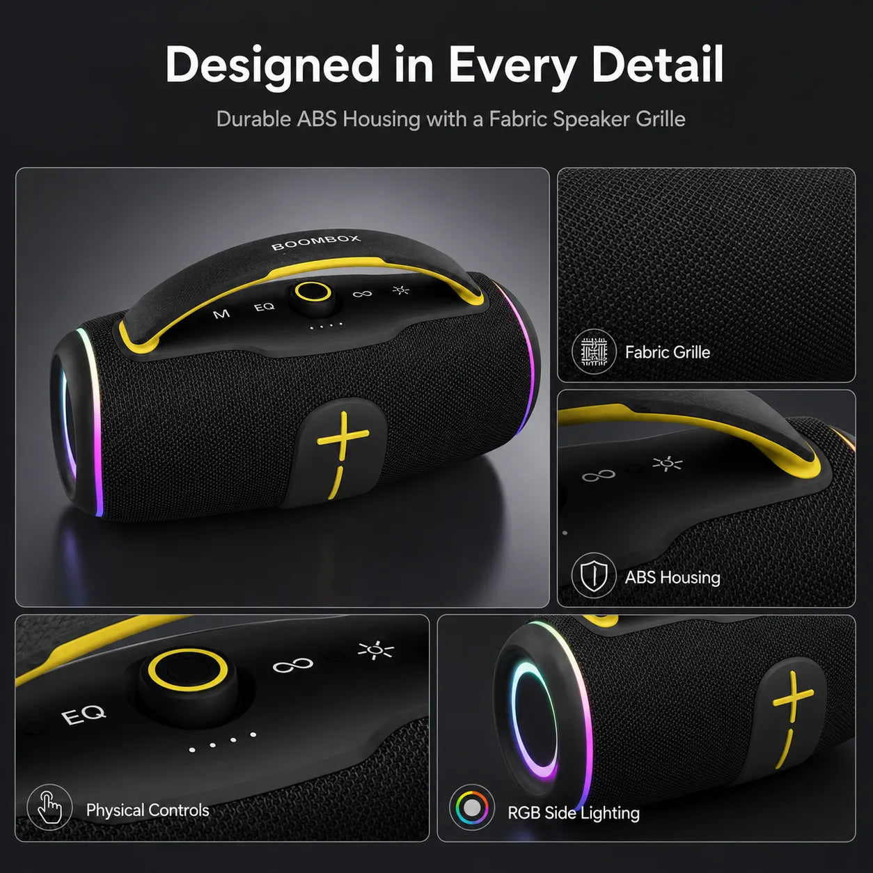 BEEVVOS P45 Pro Bluetooth speaker close-up showing ABS plastic housing, fabric mesh, control knob and RGB lighting details.