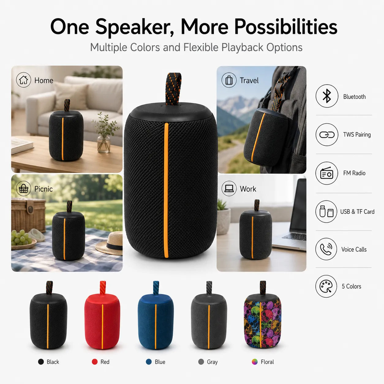 BEEVVOS KMS258 portable speaker overview with five styles, TWS pairing, FM radio and TF card connectivity.