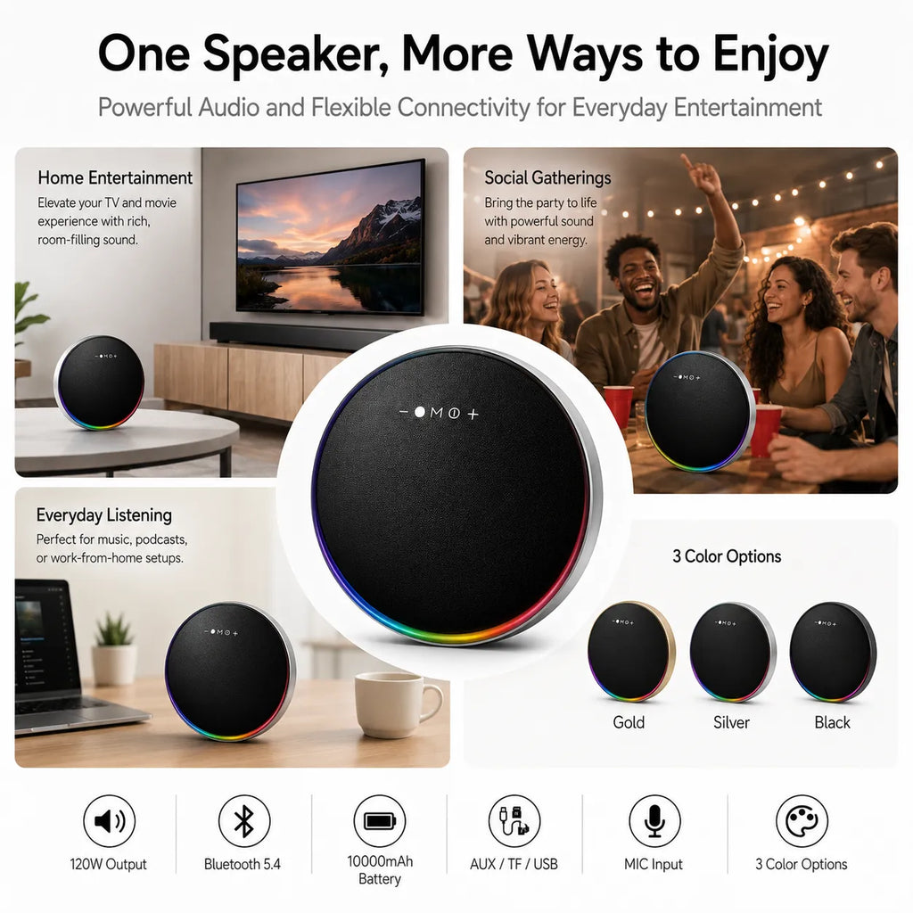 BEEVVOS LP19 Bluetooth speaker in gold, silver and black with portable audio features for home and party use