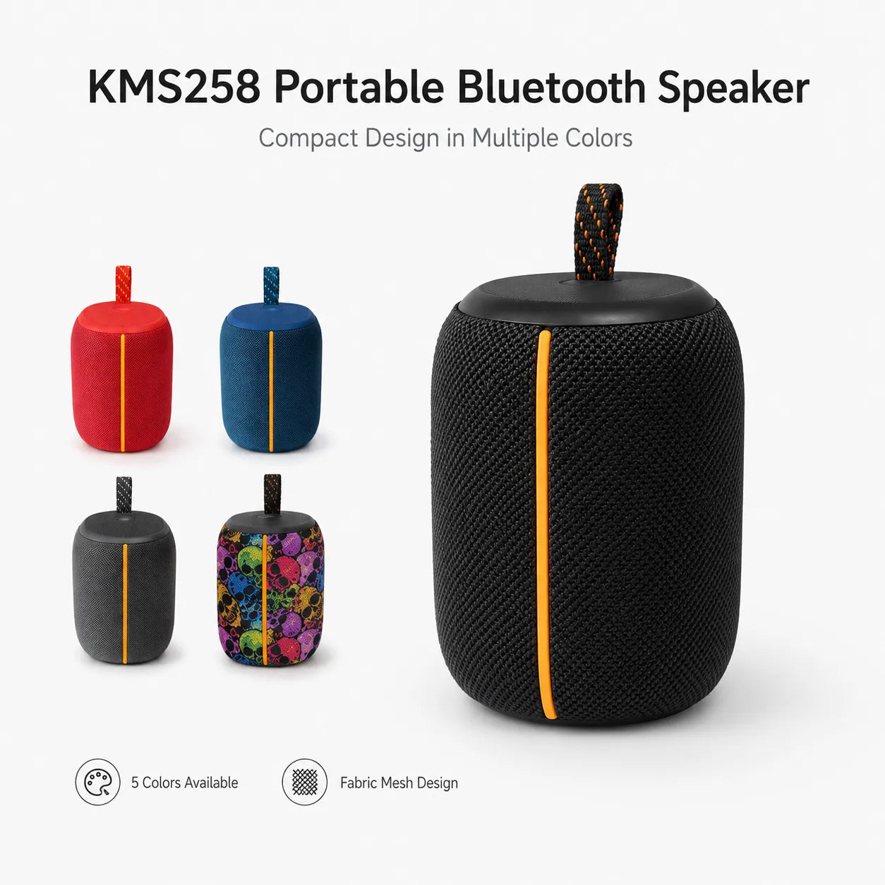 BEEVVOS KMS258 portable Bluetooth speaker shown in black, red, blue, gray and floral pattern color options.