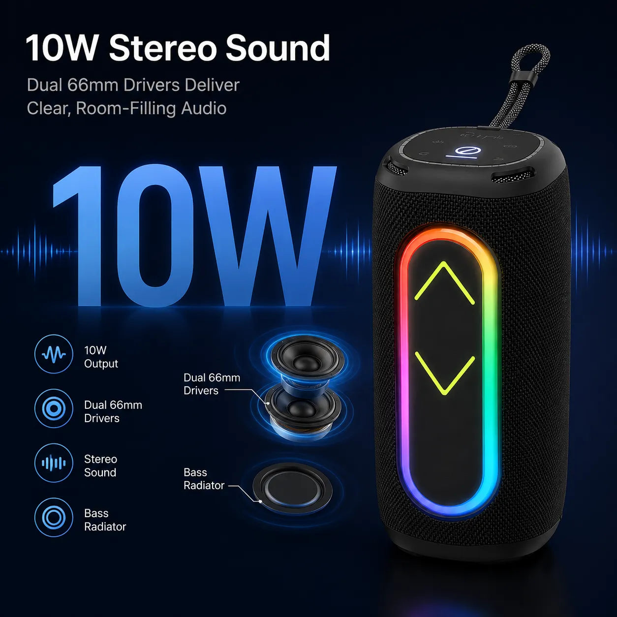 BEEVVOS P13 Pro 20W portable Bluetooth speaker with two supplier-listed 66 mm 10W speaker drivers.