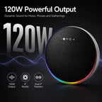 BEEVVOS LP19 Bluetooth speaker showing listed 120W output and one 4-inch woofer with two 2-inch tweeters