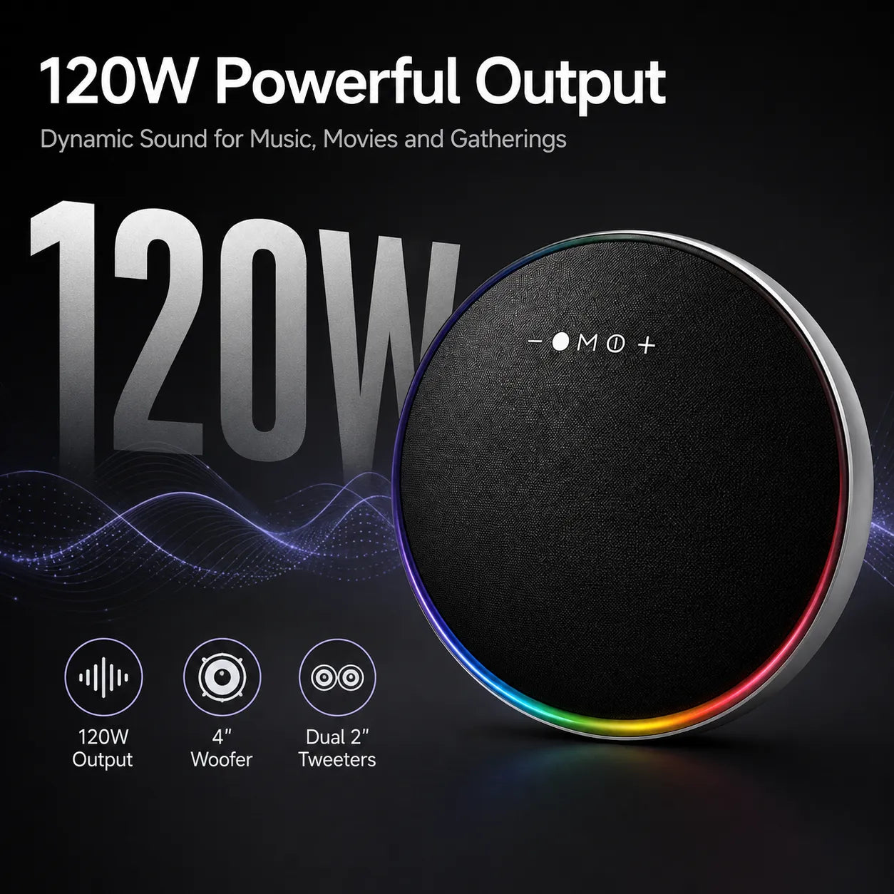 BEEVVOS LP19 Bluetooth speaker showing listed 120W output and one 4-inch woofer with two 2-inch tweeters