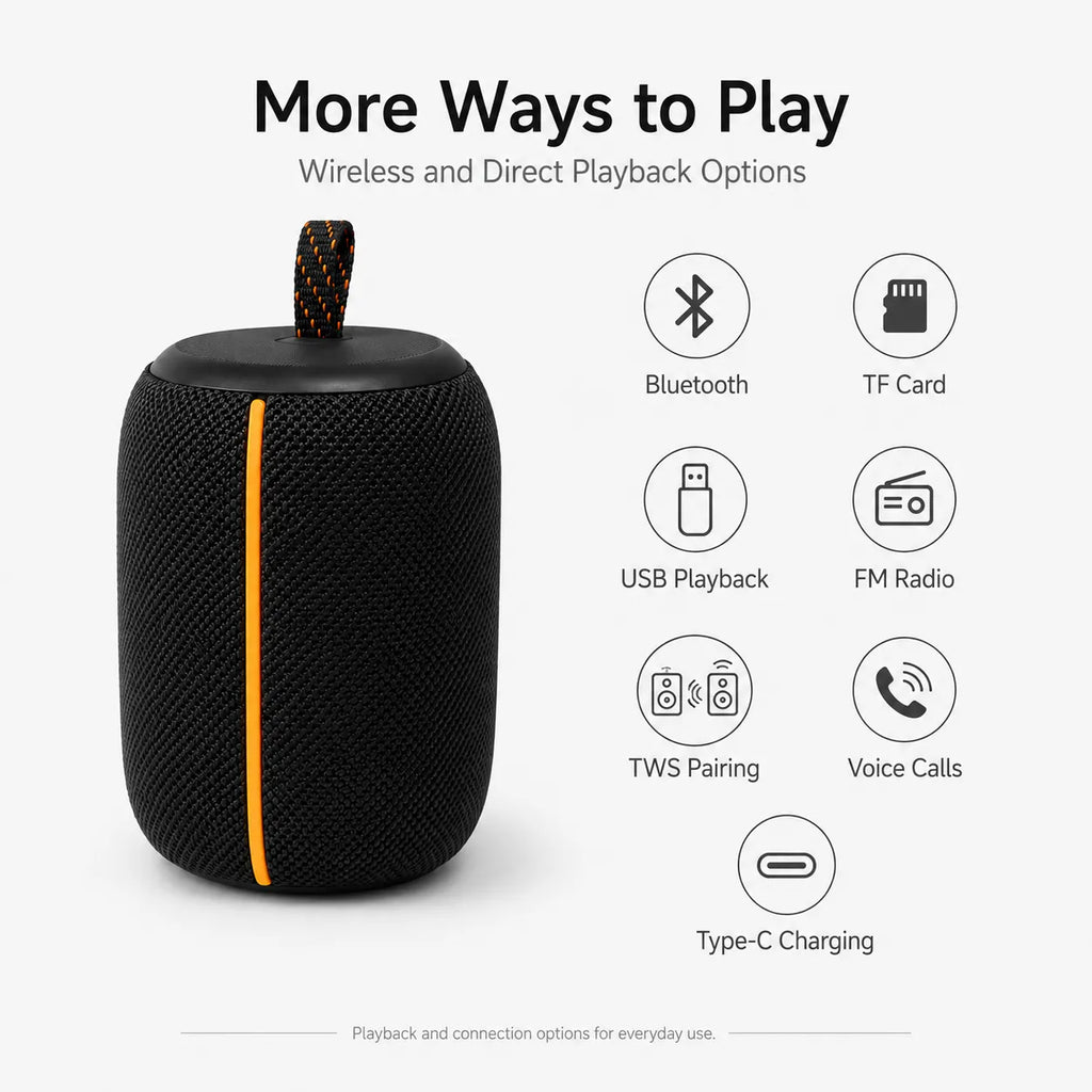 BEEVVOS KMS258 Bluetooth speaker function graphic with Bluetooth 5.1, TWS, TF card, FM, USB and calling.