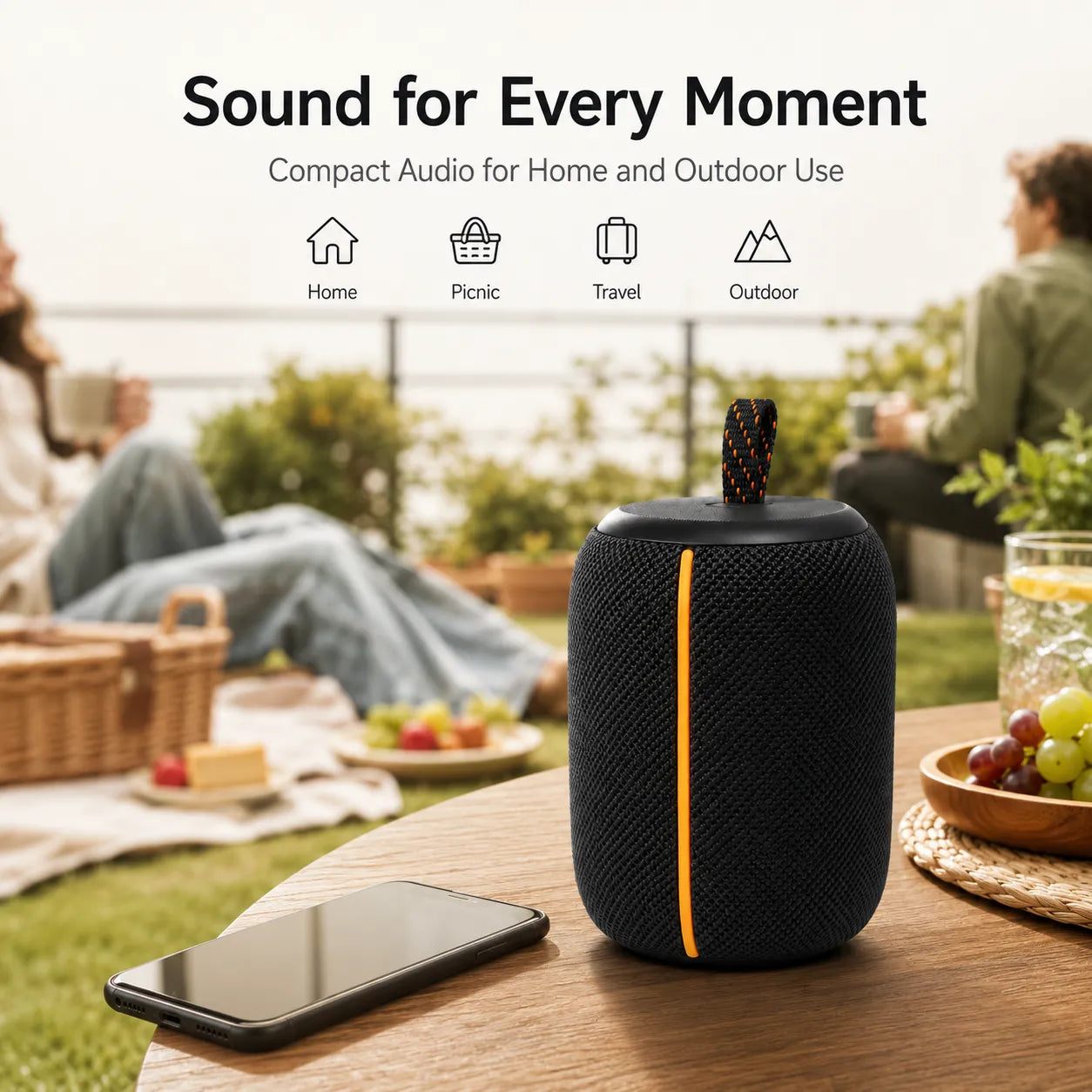 BEEVVOS KMS258 compact portable Bluetooth speaker displayed in a home desktop listening environment.