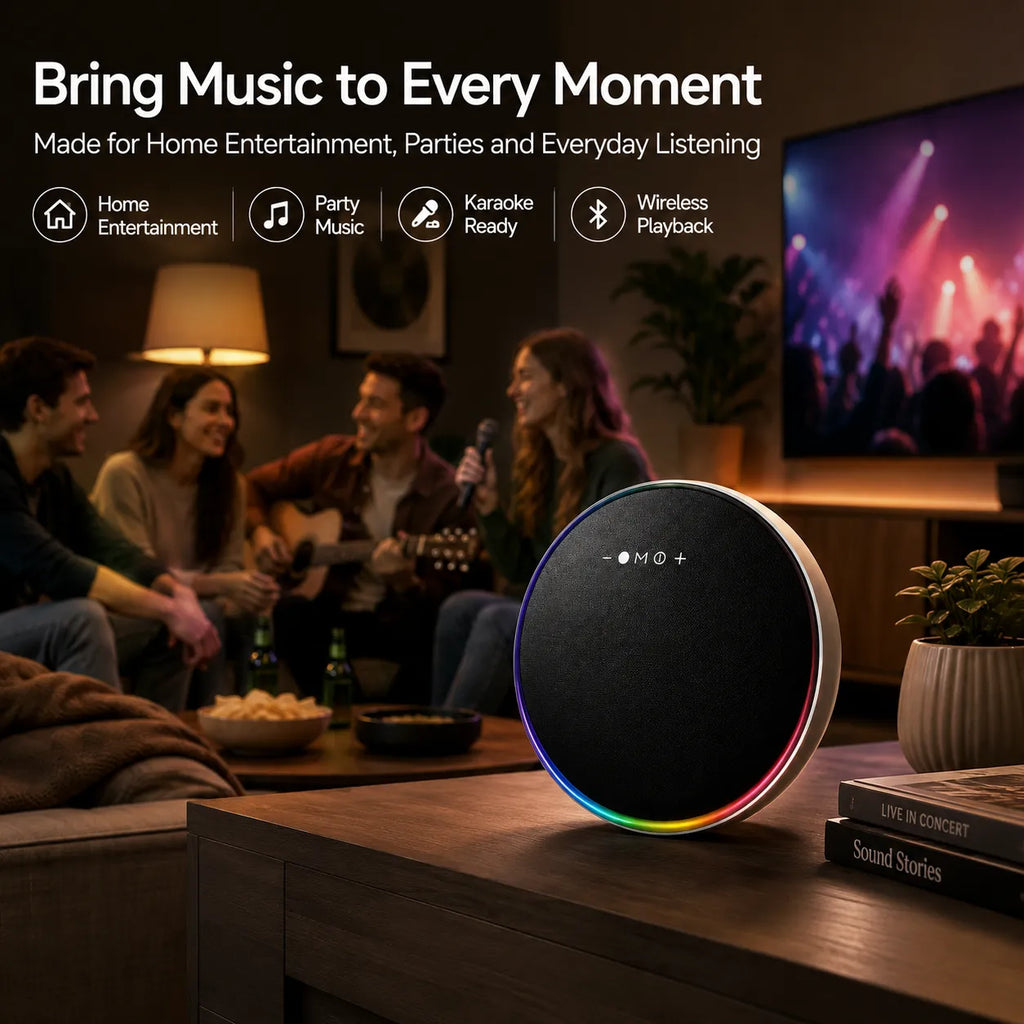 BEEVVOS LP19 portable Bluetooth speaker with LED lighting displayed in a modern living room entertainment setting