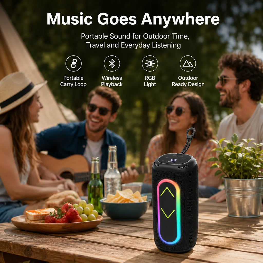 BEEVVOS P13 Pro portable Bluetooth speaker with RGB lighting used for home music and social gatherings.