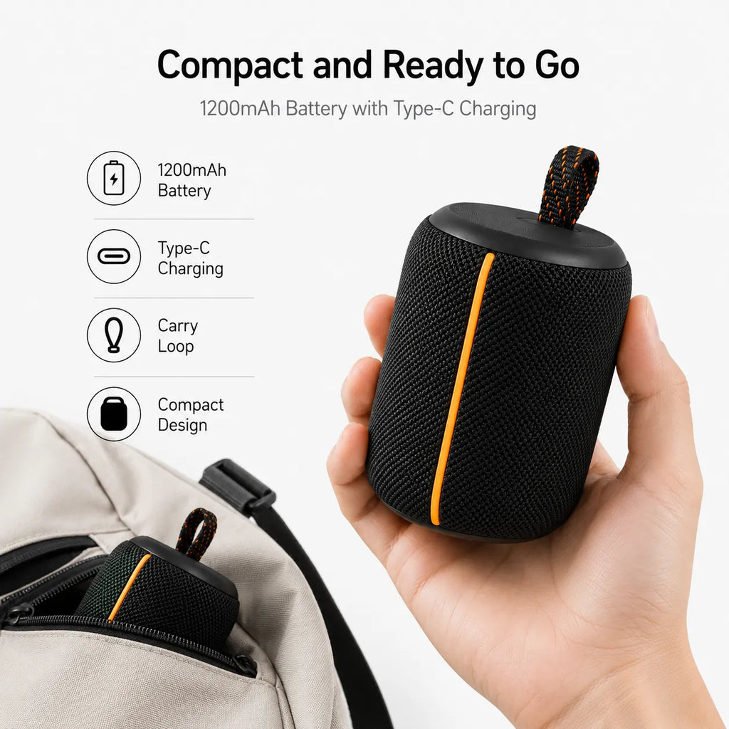 BEEVVOS KMS258 portable speaker size diagram showing its compact 96 by 96 by 115 mm capsule-shaped body.
