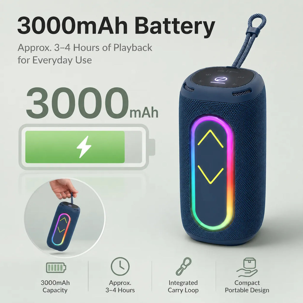 BEEVVOS P13 Pro compact portable speaker measuring 11 by 11 by 24 cm with 3000mAh battery and carry strap.