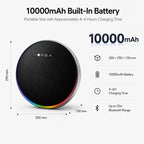 BEEVVOS LP19 rechargeable speaker size and battery image showing 10000mAh capacity and listed 4 to 6 hour playback