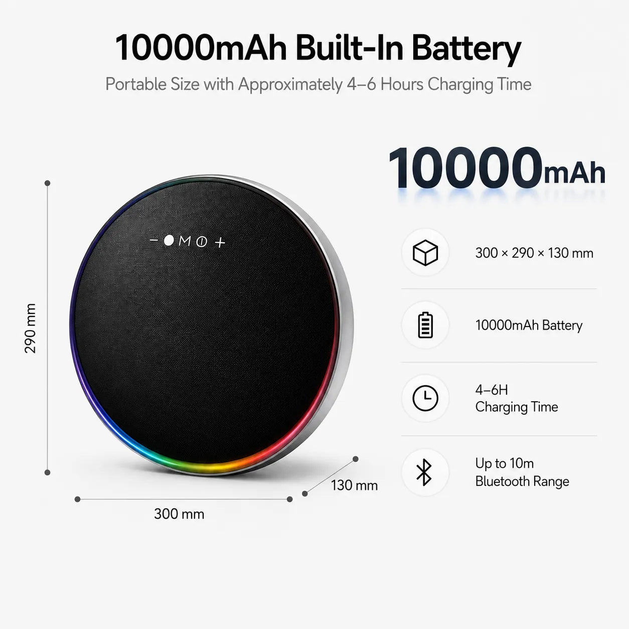 BEEVVOS LP19 rechargeable speaker size and battery image showing 10000mAh capacity and listed 4 to 6 hour playback