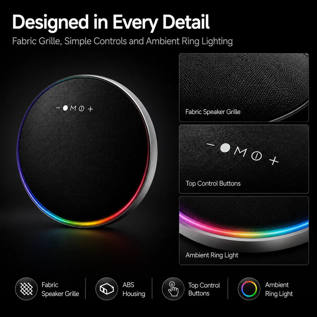 BEEVVOS LP19 speaker close-up showing ABS plastic housing, fabric mesh, control buttons and multicolor LED light ring