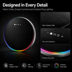 BEEVVOS LP19 speaker close-up showing ABS plastic housing, fabric mesh, control buttons and multicolor LED light ring