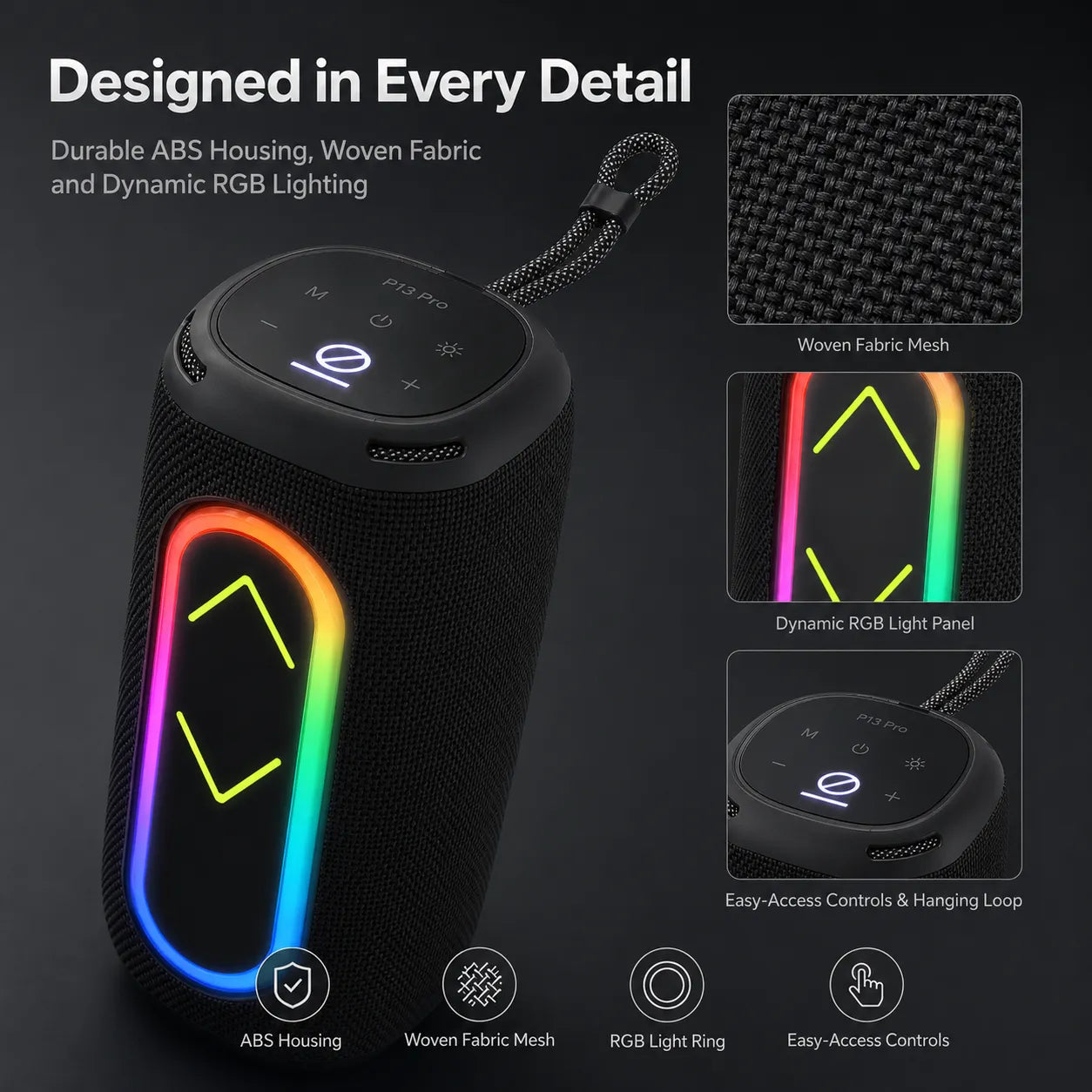 BEEVVOS P13 Pro speaker detail view showing ABS plastic, fabric mesh, top controls and front RGB light strip.