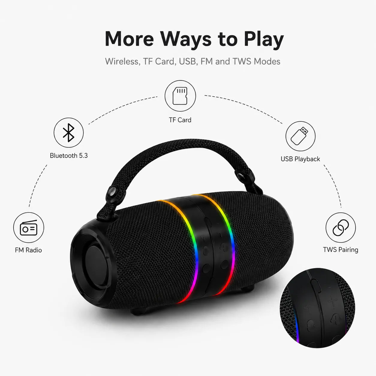 BEEVVOS M35 Bluetooth 5.3 speaker with TWS, USB, TF card, FM radio and RGB lighting features