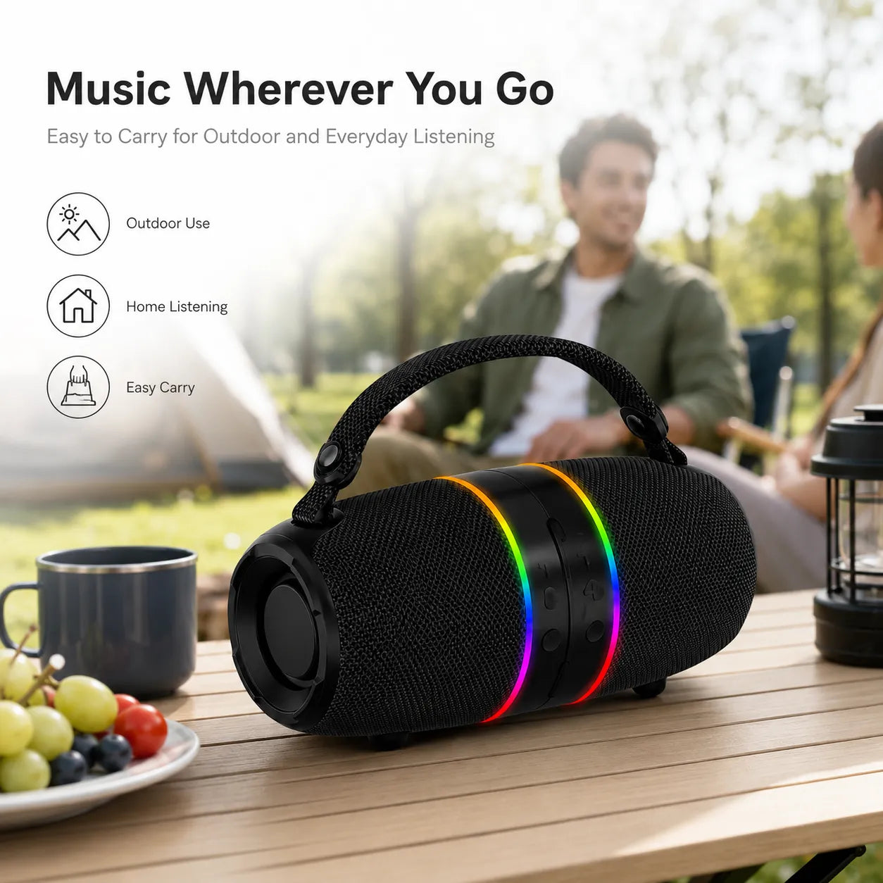 BEEVVOS M35 portable Bluetooth speaker used at a casual picnic with compact carry-handle design