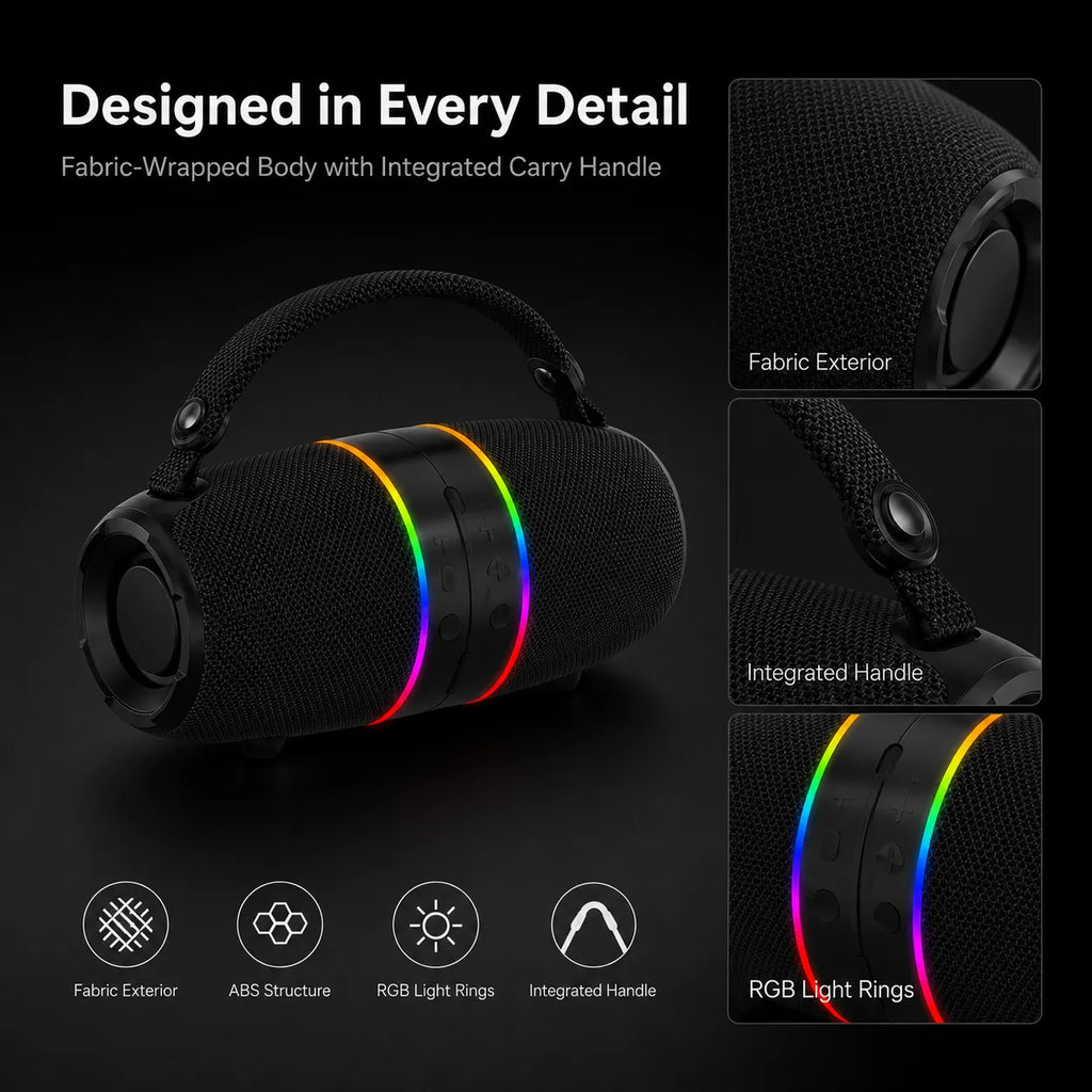 BEEVVOS M35 portable speaker detail view of ABS plastic body, fabric mesh, RGB light and woven handle