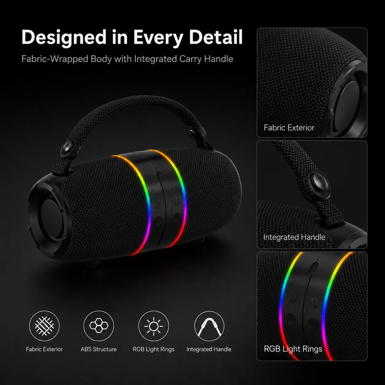 BEEVVOS M35 portable speaker detail view of ABS plastic body, fabric mesh, RGB light and woven handle