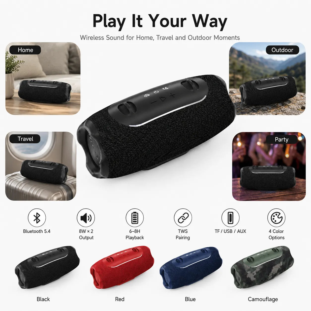 BEEVVOS 5 Mini portable speaker color collection with Bluetooth 5.4, 16W output, TWS and multiple playback options.