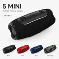 BEEVVOS 5 Mini portable wireless speaker shown in Black, Red, Blue and Camouflage with fabric mesh and LED light.