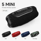 BEEVVOS 5 Mini portable wireless speaker shown in Black, Red, Blue and Camouflage with fabric mesh and LED light.