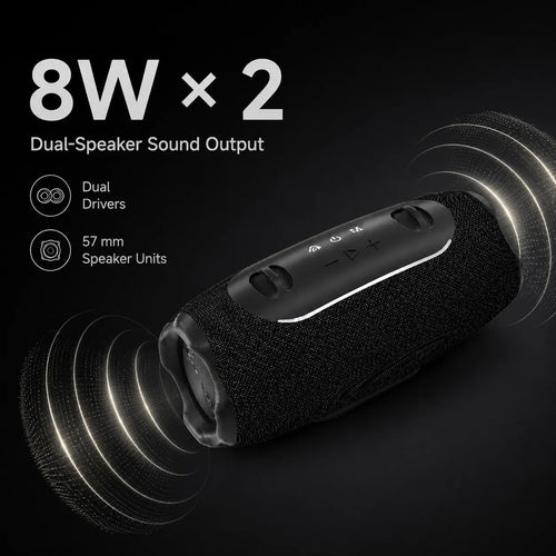 BEEVVOS 5 Mini Bluetooth speaker with dual 57 mm drivers and 8W by 2 rated output for portable music playback.