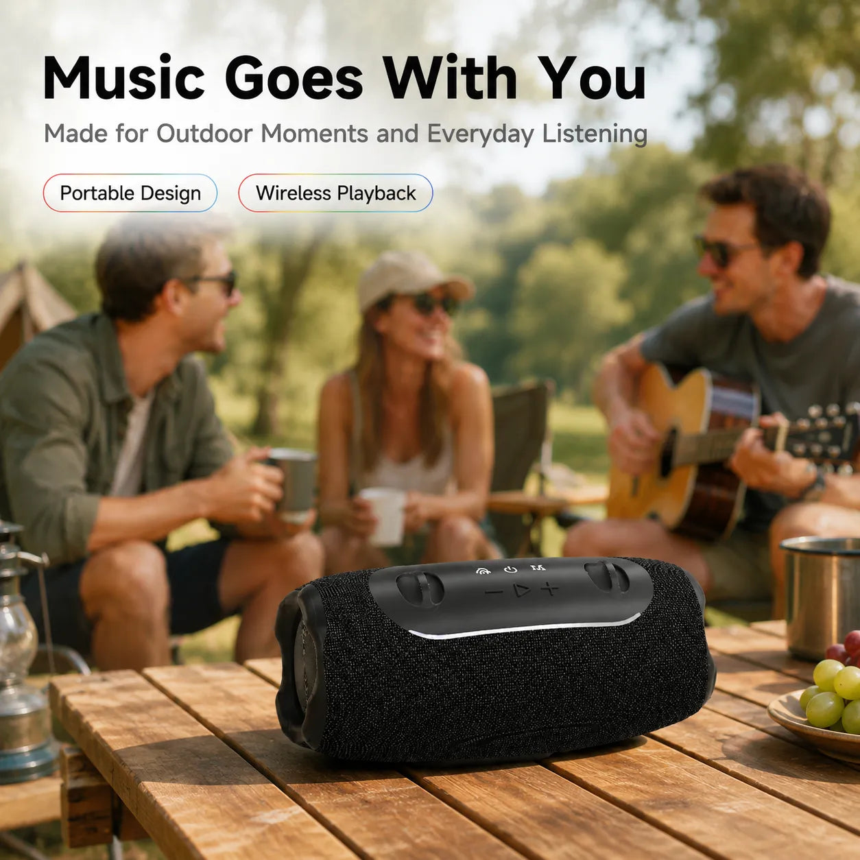 BEEVVOS 5 Mini wireless speaker placed on an outdoor table for travel, picnics, home listening and small gatherings.