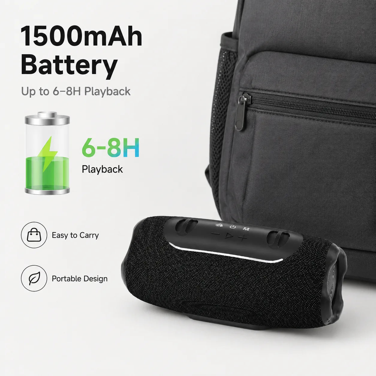 BEEVVOS 5 Mini portable Bluetooth speaker with 236 by 105 by 116 mm dimensions, 0.91 kg weight and carry strap.