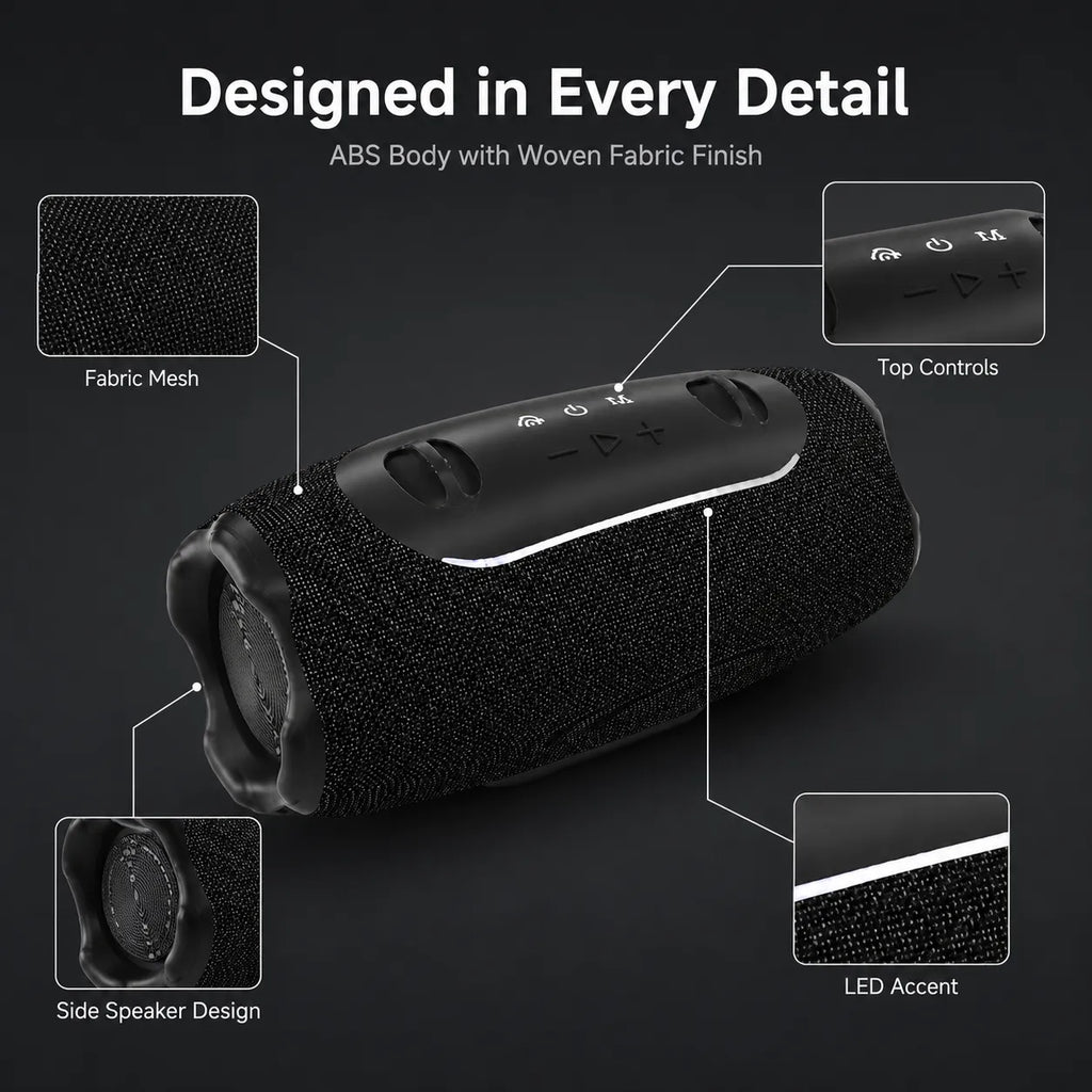 BEEVVOS 5 Mini wireless speaker close-up showing textured fabric mesh, top controls, dual knobs and LED accent strip.